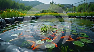 Vibrant koi fish swimming pond lily pads sunlit flowers. Water nature. Aquatic fauna