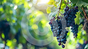 Vibrant Kyoho Grape Harvest: A Bunch of Black Wine Grapes amidst a Lush Green Vineyard Garden