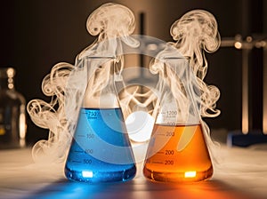Orange and Blue Liquid in Beakers