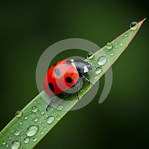 A vibrant ladybug (Coccinellidae) with a red body and black spots is perched on a photo