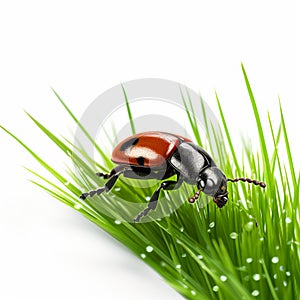 Vibrant Ladybug In Green Grass On White Background
