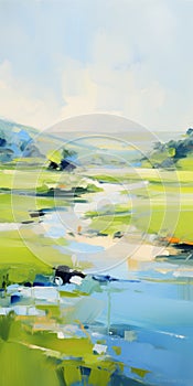 Vibrant Landscape Painting: Marsh On Water With Hill