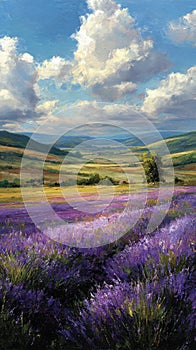 Vibrant lavender fields under a blue sky in a serene countryside landscape