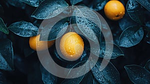 Vibrant lemon tree with dew-covered leaves in a lush garden