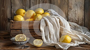 Vibrant lemons in wooden crates on vintage table summer refreshment at warehouse