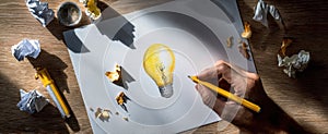 The vibrant lightbulb drawing on a creative workspace with tools. AI generated image
