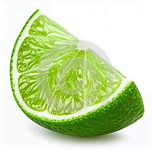 Vibrant lime wedge showcasing its juicy interior, a citrus fruit segment on white background