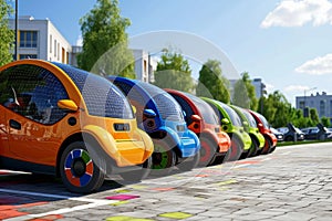 A vibrant lineup of cars parked on the roadside in various colors, creating a colorful display, Solar-powered electric cars on a