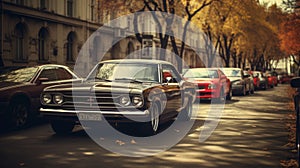 A vibrant lineup of classic muscle cars, boasting lustrous paint and chrome details, symbolizes American automotive