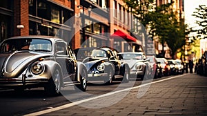 A vibrant lineup of classic muscle cars, boasting lustrous paint and chrome details, symbolizes American automotive