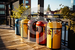 A Vibrant Lineup of Colorful Trash Cans on a Rustic Wooden Floor