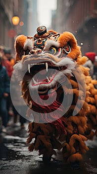 A vibrant lion dance costume captures the essence of cultural celebrations.
