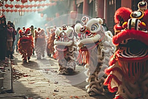 Vibrant Lion Dance Parade, Chinese New Year Celebration, Red and Gold Costumes, Generative AI