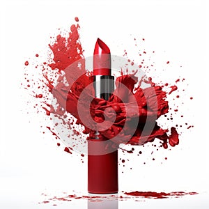 Vibrant Lipstick Art: Splattered Red Paint And Sparkling Monochromatic Depth