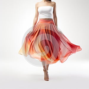 Vibrant And Lively: Female In Orange And Red Chiffon Midi Skirt