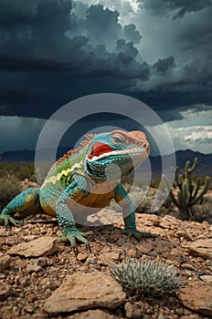 Vibrant Desert Lizard Under Dramatic Stormy Sky