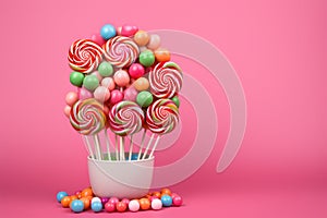 Vibrant lollipops and confections adorn a pretty pink background