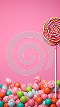 Vibrant lollipops and confections adorn a pretty pink background