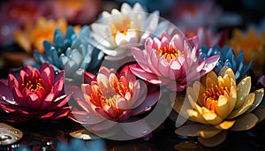 A vibrant lotus flower blossoms, symbolizing beauty and tranquility generated by AI