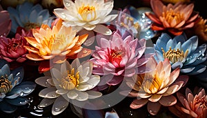 The vibrant lotus flower blossoms in the tranquil pond generated by AI