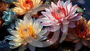 Vibrant lotus flower blossoms in tranquil pond, symbolizing beauty generated by AI