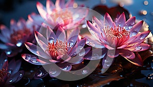 A vibrant lotus flower floats on tranquil pond water generated by AI