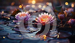 The vibrant lotus flower floats on tranquil pond water generated by AI
