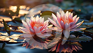 A vibrant lotus flower floats on tranquil pond water generated by AI