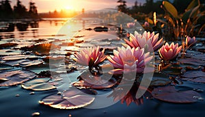 A vibrant lotus flower floats on tranquil pond water generated by AI