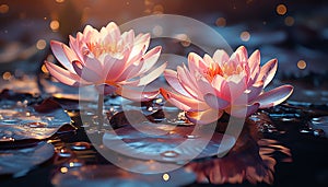 A vibrant lotus flower floats on tranquil pond water generated by AI