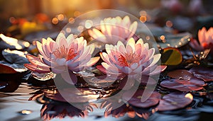 A vibrant lotus flower reflects elegance in a tranquil pond generated by AI