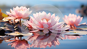 The vibrant lotus water lily blossoms in the tranquil pond generated by AI