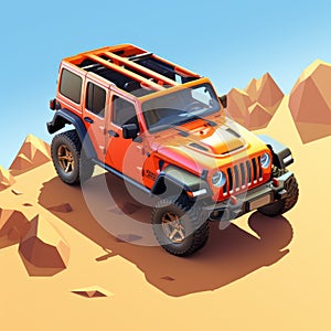 Vibrant Low Poly Orange Jeep Wrangler In Desert Setting