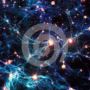 Glowing cosmic network with interconnected particles in space