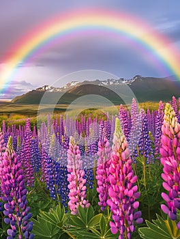 Vibrant lupine flowers bloom in a stunning field with a rainbow arching over snow-capped mountains photo