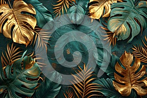 Golden Monstera Leaf Pattern on Green Background - Luxury Tropical Plant Design for Fabric, Wallpaper, and Summer Art photo