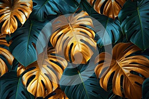 Golden Monstera Leaf Pattern on Green Background - Luxury Tropical Plant Design for Fabric, Wallpaper, and Summer Art photo