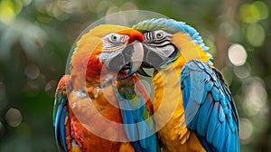 Vibrant macaw parrots flutter in harmony amidst the lush greenery of Brazil\'s Pantanal wetlands photo