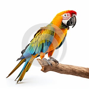 Vibrant Macaw Perched On Branch: Stunning White Background Parrot Photo