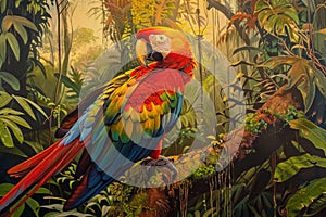 Vibrant macaw rests among the lush greenery of a tropical rainforest, displaying its stunning feathers