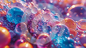 Vibrant Macro Photography of Colorful Oil and Water Mixture with Bubbles and Light Refractions