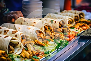 vibrant macro shot of chicken shawarma wraps being prepared in a bustling street food market, with piles of fresh ingredients