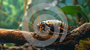 Vibrant Madagascar hissing cockroach on a piece of wood. Colorful insect in a natural habitat. Concept of entomology