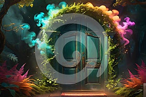 vibrant magical door, glowing neon mists swirling around enchanted smoke patterns, door ajar, revealing mysteries