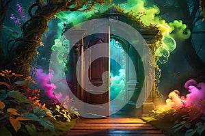 vibrant magical door, glowing neon mists swirling around enchanted smoke patterns, door ajar, revealing mysteries