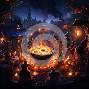 Vibrant and Magical Halloween-Themed Party Scene with Bubbling Cauldron and Diverse Costumed Party-Goers