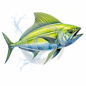 Vibrant Mahi-mahi Illustration: Detailed Penciling With Energy-filled Splash