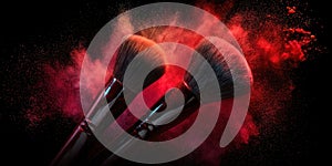 The vibrant makeup brushes surrounded by colorful powder on a dark background. AI generated image