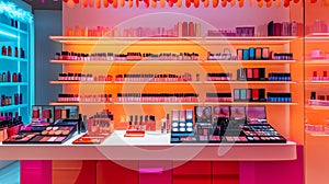 A vibrant makeup display counter featuring bold lipsticks and palettes. digital