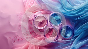 Vibrant Makeup Display with Crushed Blue and Pink Eyeshadow and Soft Pink Fabric